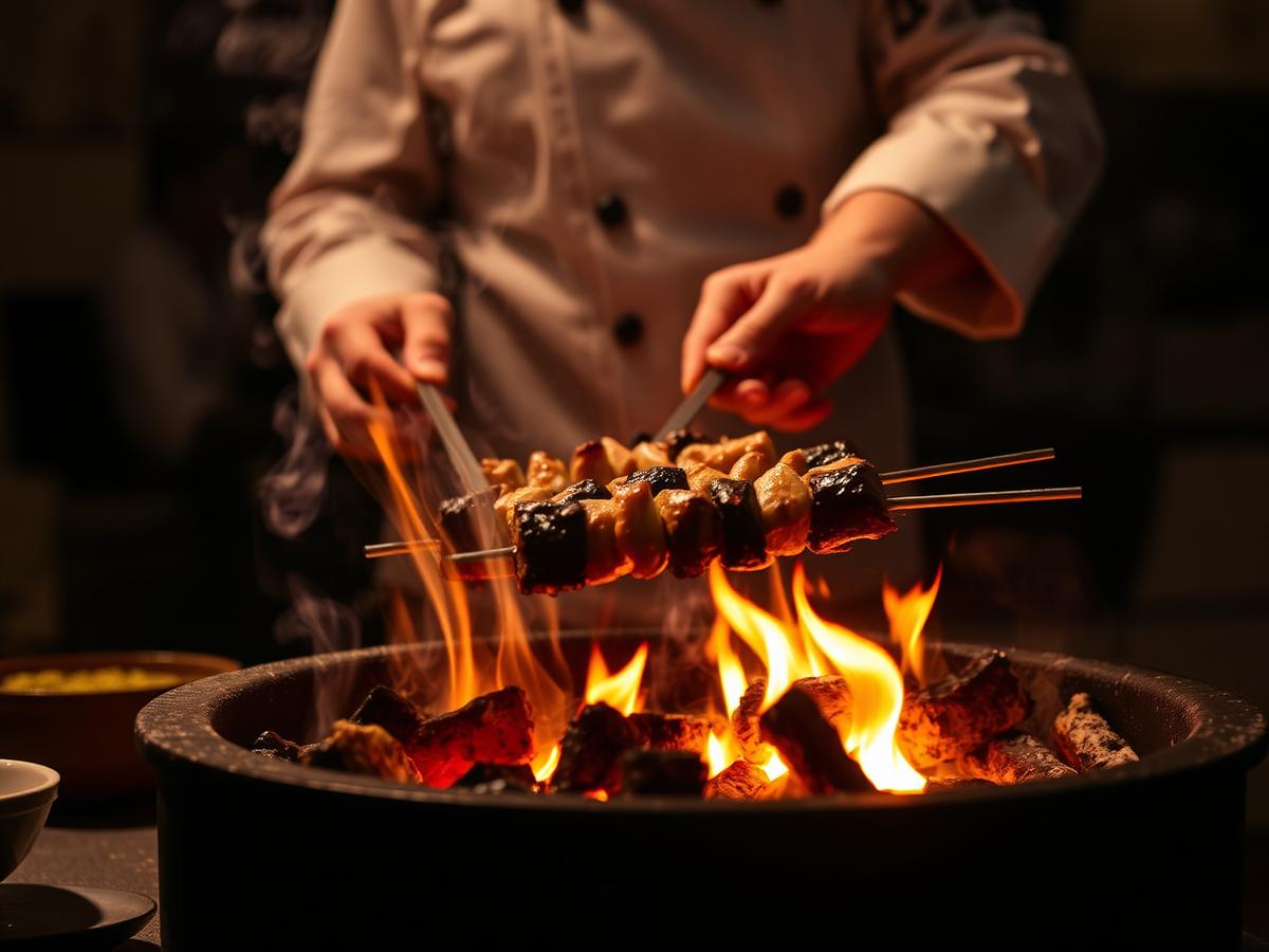 Chef grilling shashlyk over open fire
